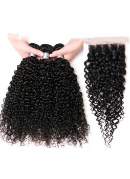 Bundles with closure  8a+ quality virgin remy hair curly